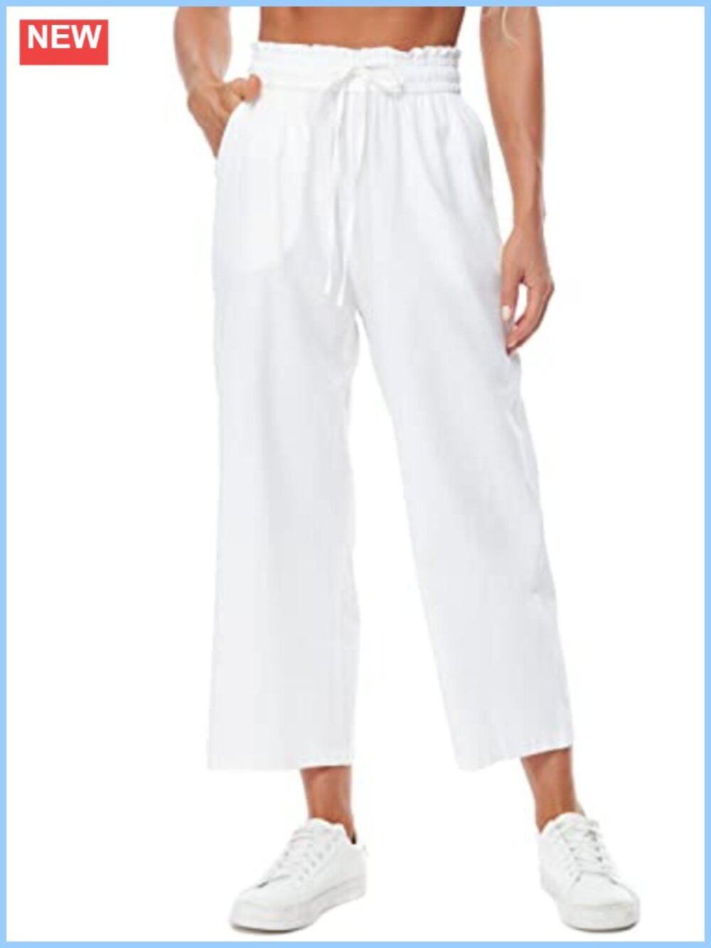 Womens Linen Wide Leg High Waisted Drawstring Pants with Pockets